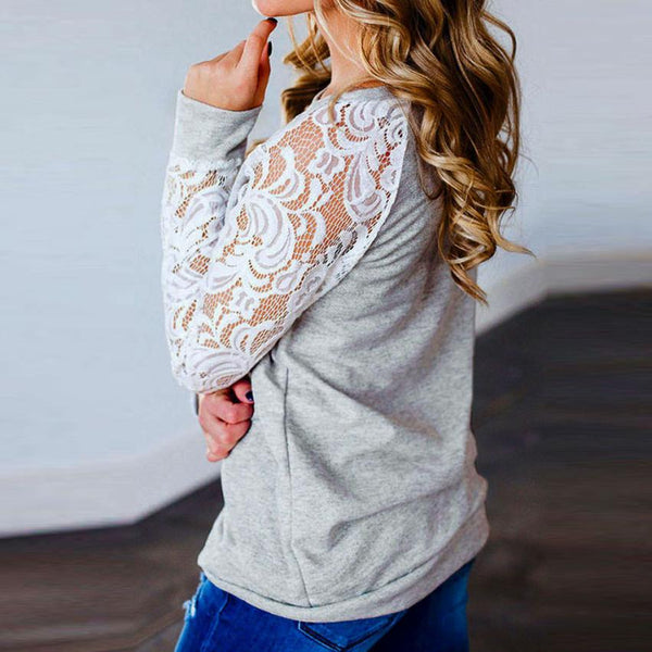 Women Sexy Causal Lace Floral Splicing Hollow Sleeve O-Neck Sweater Top