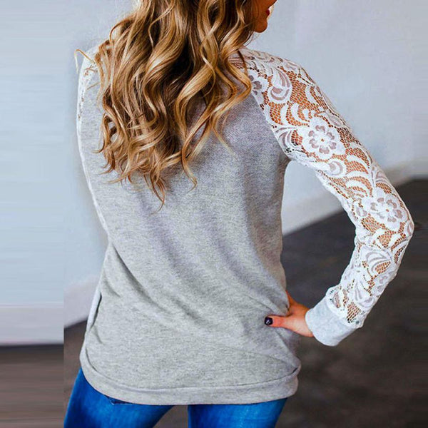 Women Sexy Causal Lace Floral Splicing Hollow Sleeve O-Neck Sweater Top