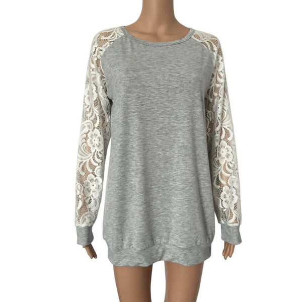Women Sexy Causal Lace Floral Splicing Hollow Sleeve O-Neck Sweater Top