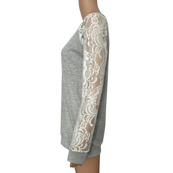 Women Sexy Causal Lace Floral Splicing Hollow Sleeve O-Neck Sweater Top