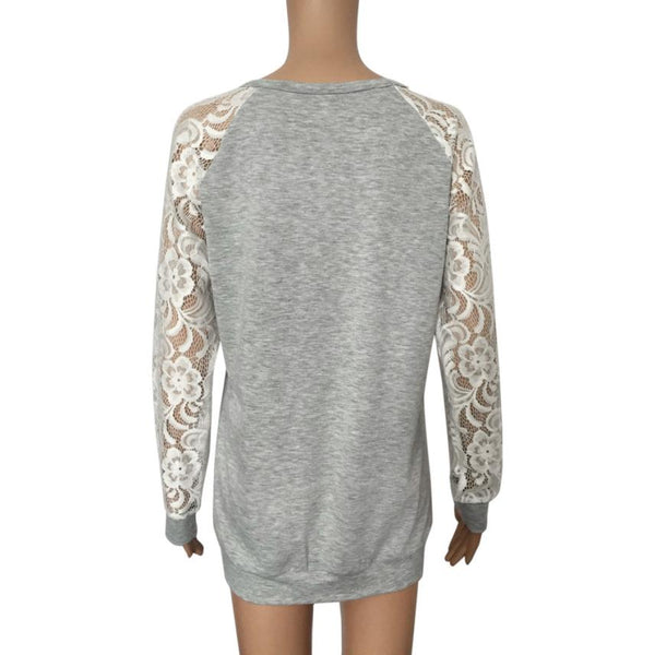 Women Sexy Causal Lace Floral Splicing Hollow Sleeve O-Neck Sweater Top
