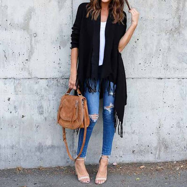 New Women Long Sleeve Asymmetric Tassel Cardigan Coats Autumn Winter Ladies Loose Jacket Tops Female Outwear Tops