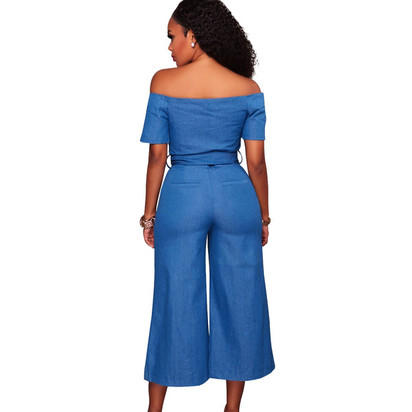 Women Off Shoulder Sexy Playsuit female Wide Leg Jumpsuit Slash Neck Zipper Front Belted High Waist Playsuit Rompers Denim Jeans