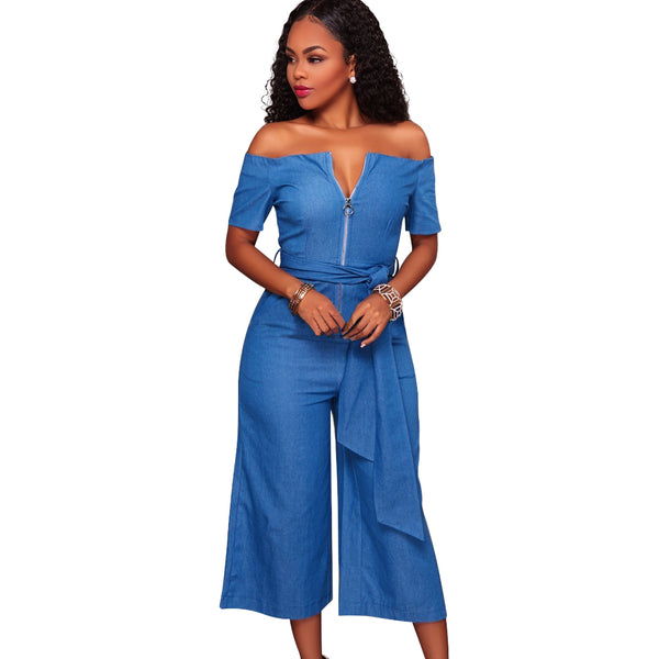 Women Off Shoulder Sexy Playsuit female Wide Leg Jumpsuit Slash Neck Zipper Front Belted High Waist Playsuit Rompers Denim Jeans