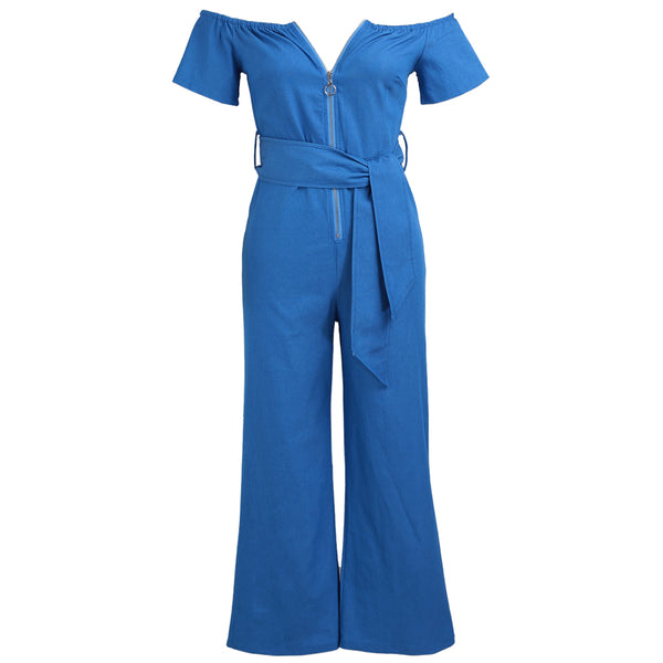 Women Off Shoulder Sexy Playsuit female Wide Leg Jumpsuit Slash Neck Zipper Front Belted High Waist Playsuit Rompers Denim Jeans