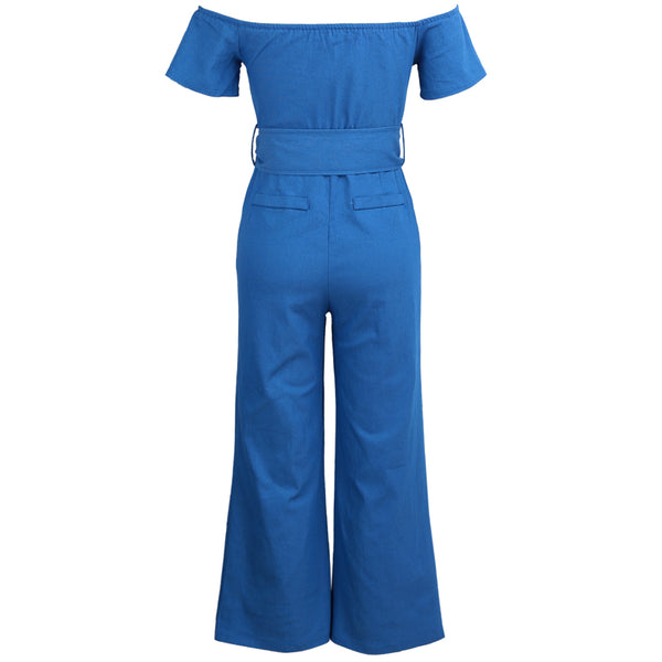 Women Off Shoulder Sexy Playsuit female Wide Leg Jumpsuit Slash Neck Zipper Front Belted High Waist Playsuit Rompers Denim Jeans