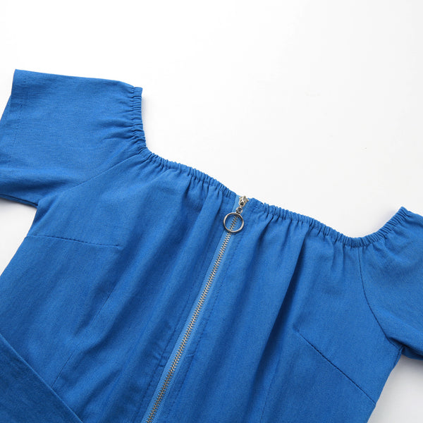 Women Off Shoulder Sexy Playsuit female Wide Leg Jumpsuit Slash Neck Zipper Front Belted High Waist Playsuit Rompers Denim Jeans