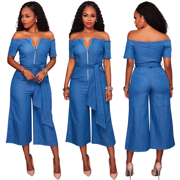 Women Off Shoulder Sexy Playsuit female Wide Leg Jumpsuit Slash Neck Zipper Front Belted High Waist Playsuit Rompers Denim Jeans