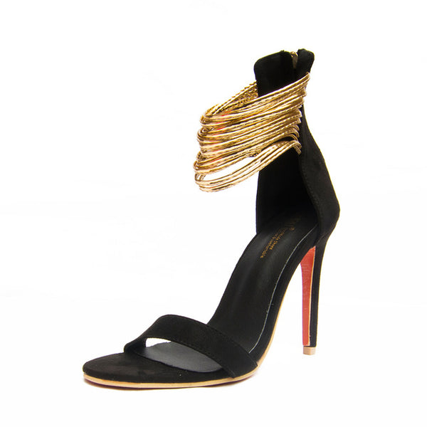 Gold Strappy Sandals Women Back Zip Sandals Heels Fashion Summer Shoes