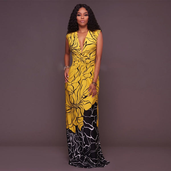 Summer Sexy Floral Print Long Sleeveless V-neck  Fashion Body-con Dress