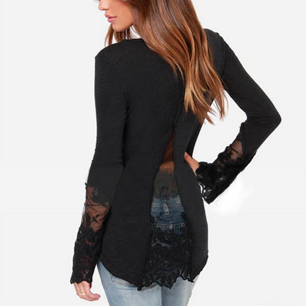 Casual Long Sleeve Lace Patchwork  O-Neck Blouse Tops