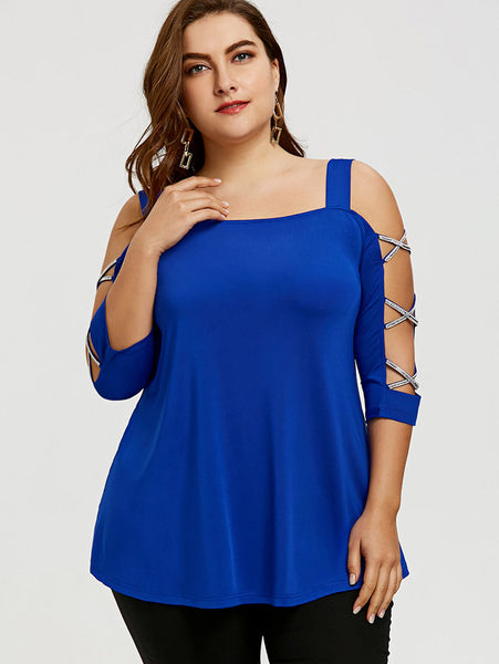Plus Size 5XL Sexy Cut Out Cross Sleeve Tunic Top Women Clothing Cold Shoulder Blouse