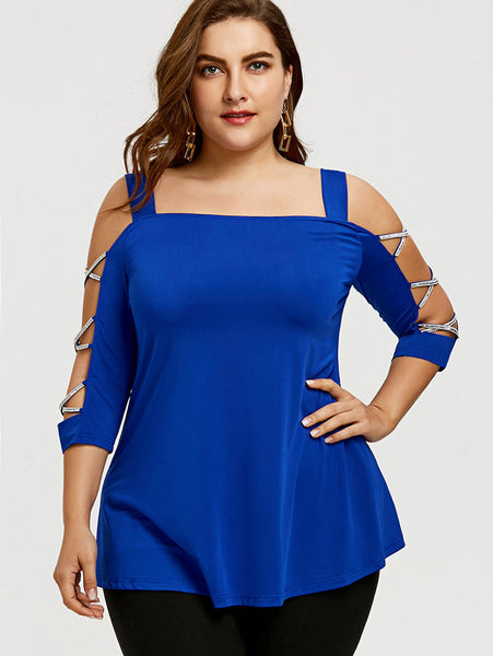 Plus Size 5XL Sexy Cut Out Cross Sleeve Tunic Top Women Clothing Cold Shoulder Blouse