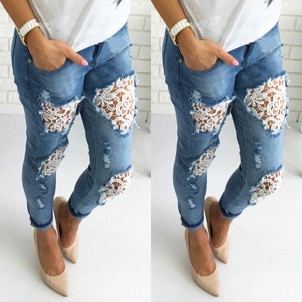 Women's Denim Lace Pants high Waist Stretch Pencil Pants Slim Full Length Ladies Girl Ripped Jeans Trousers