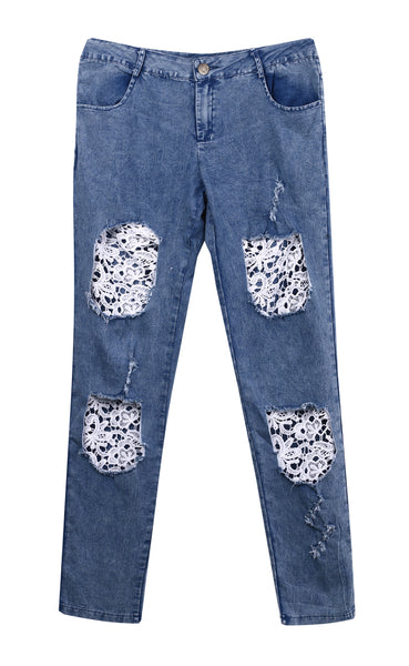 Women's Denim Lace Pants high Waist Stretch Pencil Pants Slim Full Length Ladies Girl Ripped Jeans Trousers