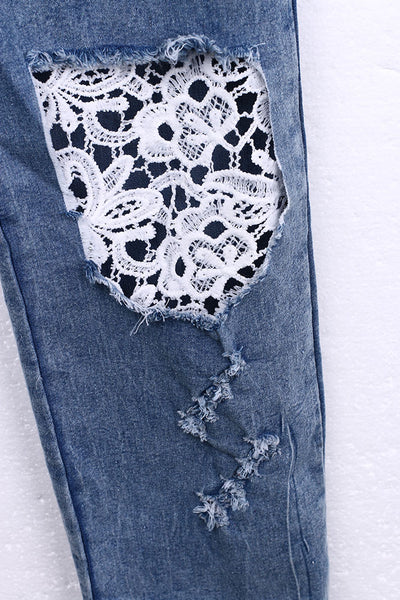 Women's Denim Lace Pants high Waist Stretch Pencil Pants Slim Full Length Ladies Girl Ripped Jeans Trousers