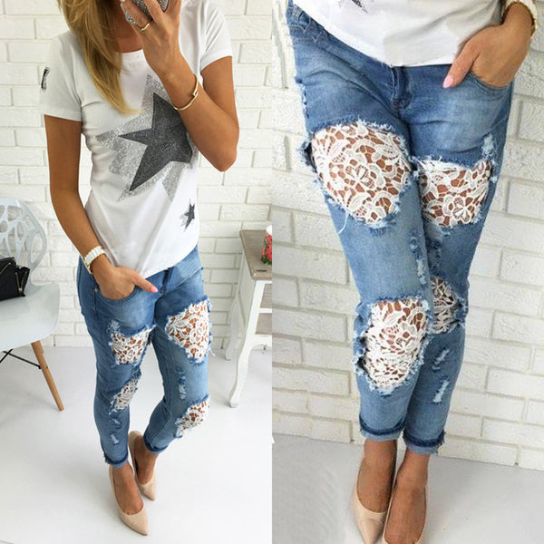 Women's Denim Lace Pants high Waist Stretch Pencil Pants Slim Full Length Ladies Girl Ripped Jeans Trousers