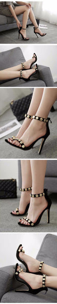 Summer Women Sandals Sexy Rivet Sandals Peep Toe Thin Heels Cover Heel Party Black Ladies Sandals