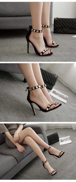 Summer Women Sandals Sexy Rivet Sandals Peep Toe Thin Heels Cover Heel Party Black Ladies Sandals