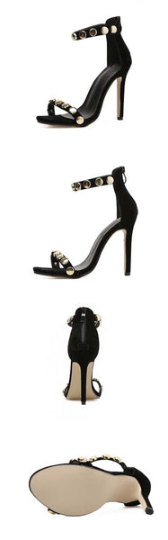 Summer Women Sandals Sexy Rivet Sandals Peep Toe Thin Heels Cover Heel Party Black Ladies Sandals
