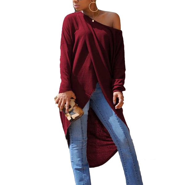 Women Long Back Irregular Loose One Shoulder Round Neck Asymmetric Cross Over Shirt