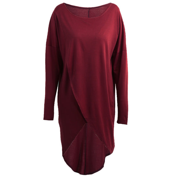 Women Long Back Irregular Loose One Shoulder Round Neck Asymmetric Cross Over Shirt