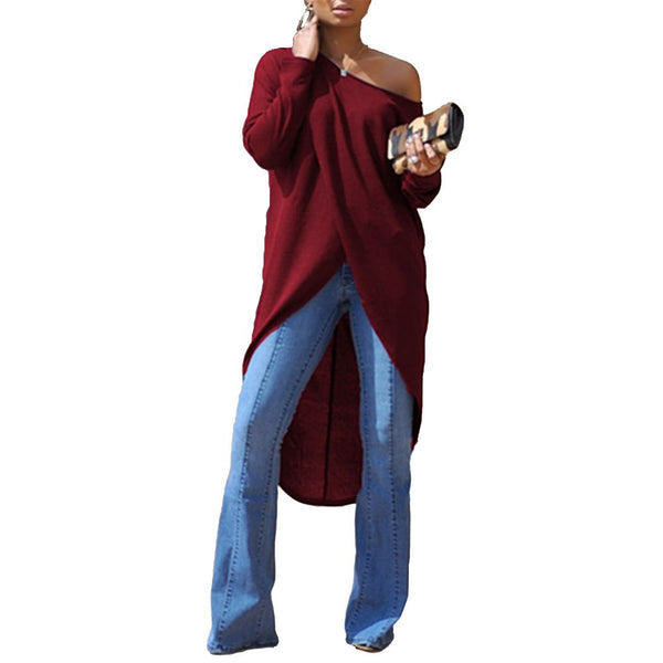 Women Long Back Irregular Loose One Shoulder Round Neck Asymmetric Cross Over Shirt