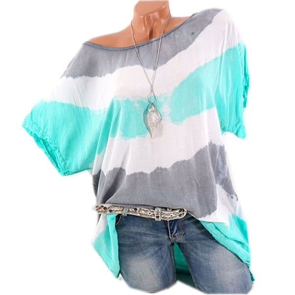 Round Neck Short Sleeve Casual Loose Fashion Tops Striped Women Blouses