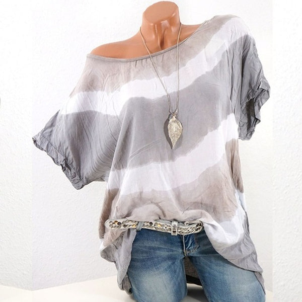 Round Neck Short Sleeve Casual Loose Fashion Tops Striped Women Blouses