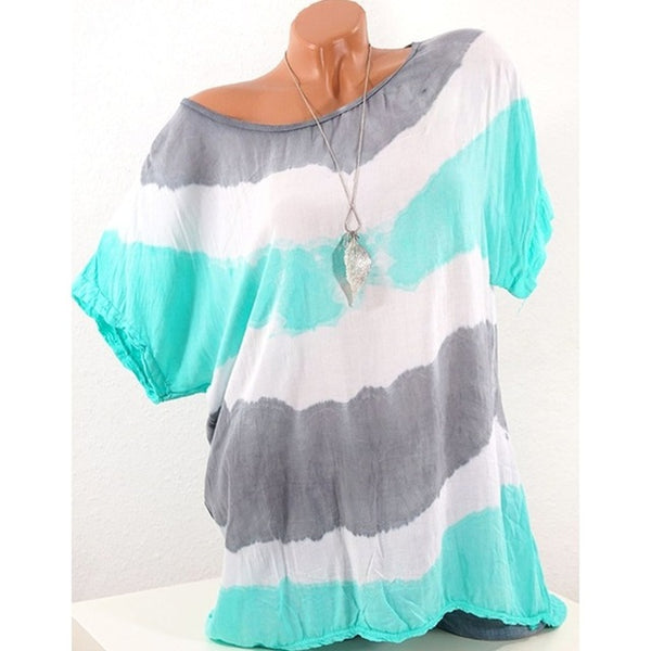 Round Neck Short Sleeve Casual Loose Fashion Tops Striped Women Blouses