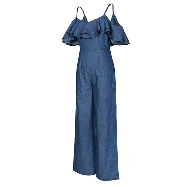 Women Jean Wide Leg Spaghetti Strap Denim Jumpsuit