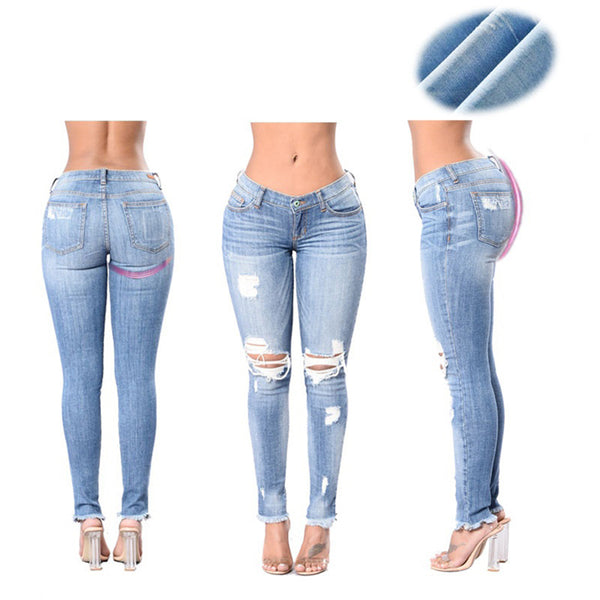 Fashion Women Casual Ripped Jeans Big Elasticity Stretch Trousers Skinny Pants