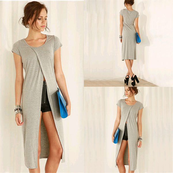 Womens Sexy Long Shirts Gray Split Solid Slim Summer Wear Casual Loose Short Sleeve Round Neck Tops