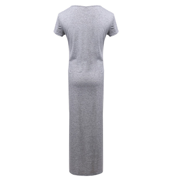Womens Sexy Long Shirts Gray Split Solid Slim Summer Wear Casual Loose Short Sleeve Round Neck Tops