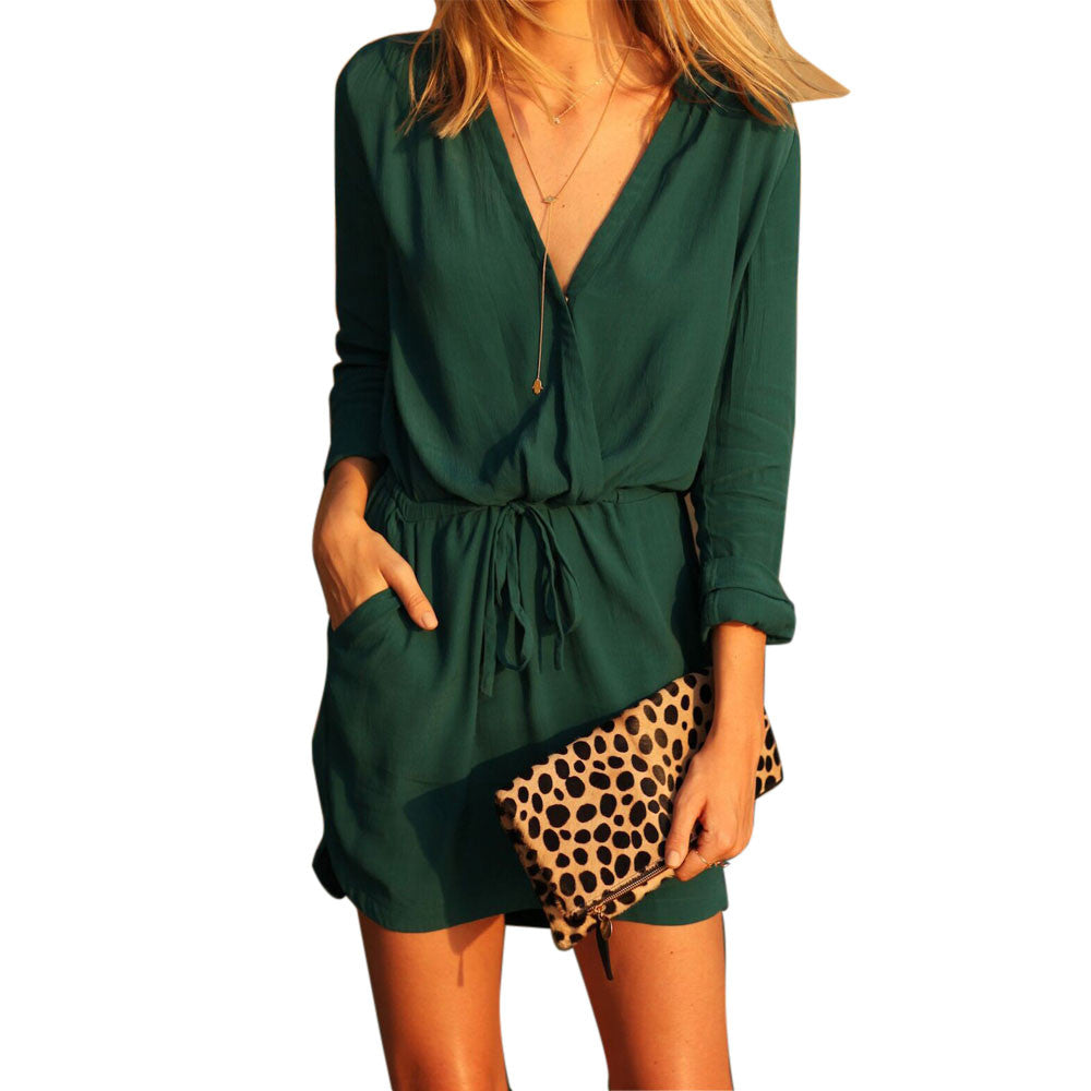 New Sexy Long Sleeve Solid Green Dress Women V Neck Party Dress Evening Casual Summer Mini Dress