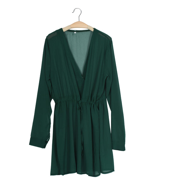 New Sexy Long Sleeve Solid Green Dress Women V Neck Party Dress Evening Casual Summer Mini Dress