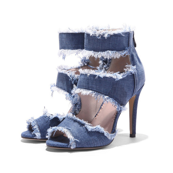 Denim Sexy Ladies Ankle Strap High Thin Heels