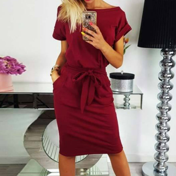 Women Dress Knee-Length Sexy Bandage Bodycon Dress Short Sleeve Casual Dresses