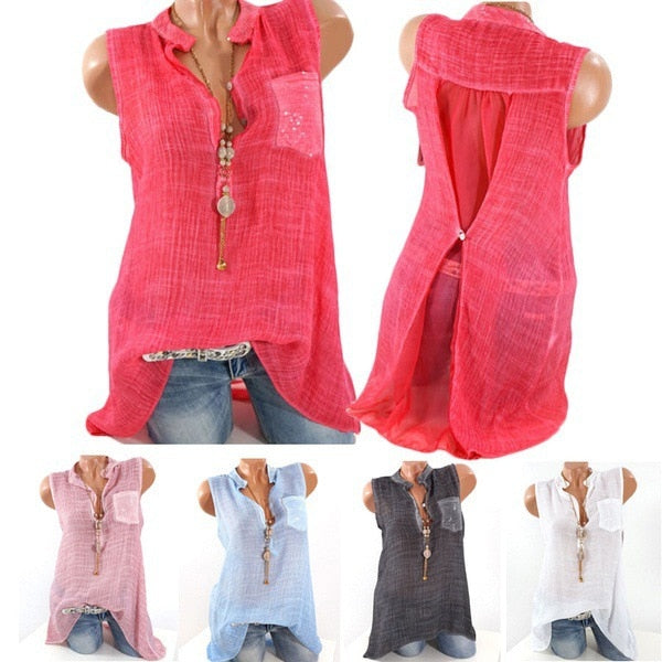 Women V Neck Sleeveless Pocket Chiffon Shirt Blouses