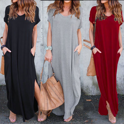 Women V-neck Solid Dress Summer Boho Short Sleeve Evening Party Beach Maxi Dress