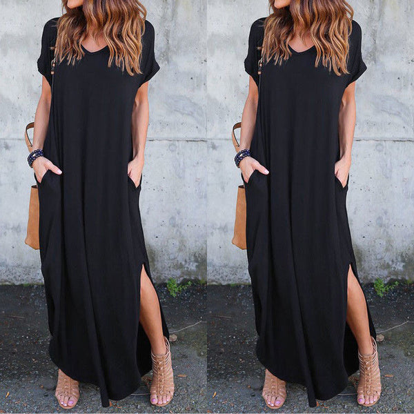 Women V-neck Solid Dress Summer Boho Short Sleeve Evening Party Beach Maxi Dress