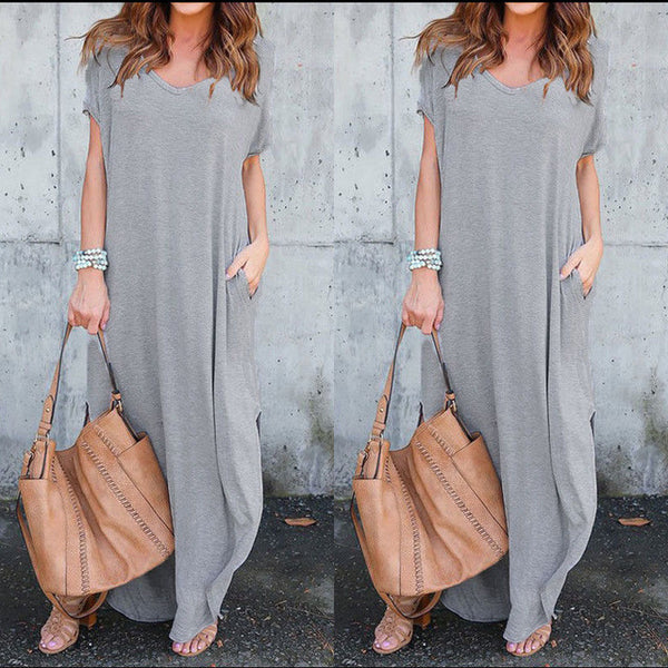 Women V-neck Solid Dress Summer Boho Short Sleeve Evening Party Beach Maxi Dress