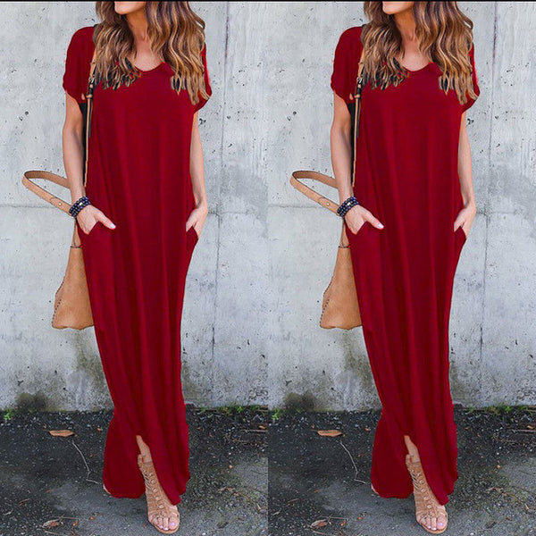 Women V-neck Solid Dress Summer Boho Short Sleeve Evening Party Beach Maxi Dress
