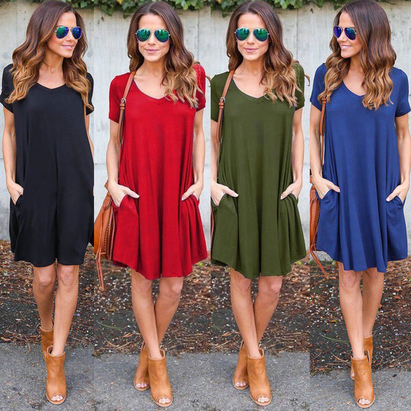 Sexy Summer Women Short Sleeve Dress Solid V-neck Casual Party Short Mini Dresses