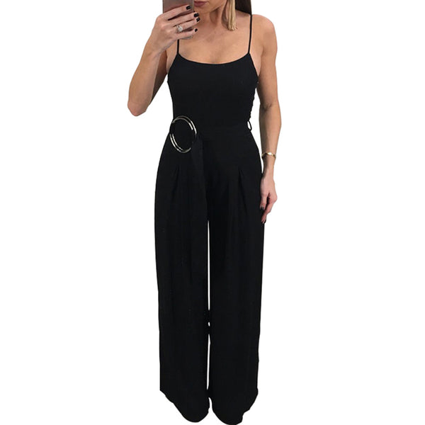 Sexy Spaghetti Strap Rompers Womens Jumpsuit Sleeveless Backless Wide Leg Pants Belted Summer Overalls Black/Army Green