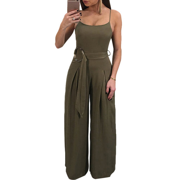 Sexy Spaghetti Strap Rompers Womens Jumpsuit Sleeveless Backless Wide Leg Pants Belted Summer Overalls Black/Army Green