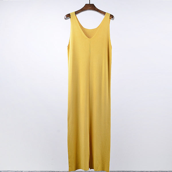 Ladies Summer Style Sexy Bodycon Knitted Dress Women V Neck Before Side Split Slim Dresses Casual New Sleeveless Dress