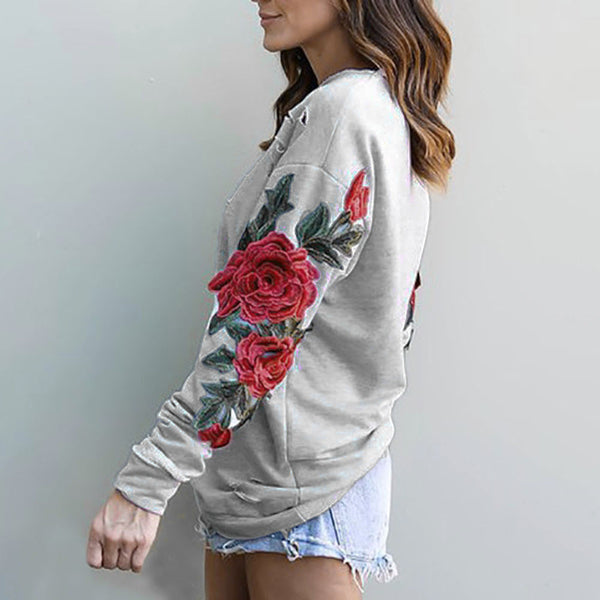 Women Rose Embroidery Casual Style One Shoulder Sweater Blouse