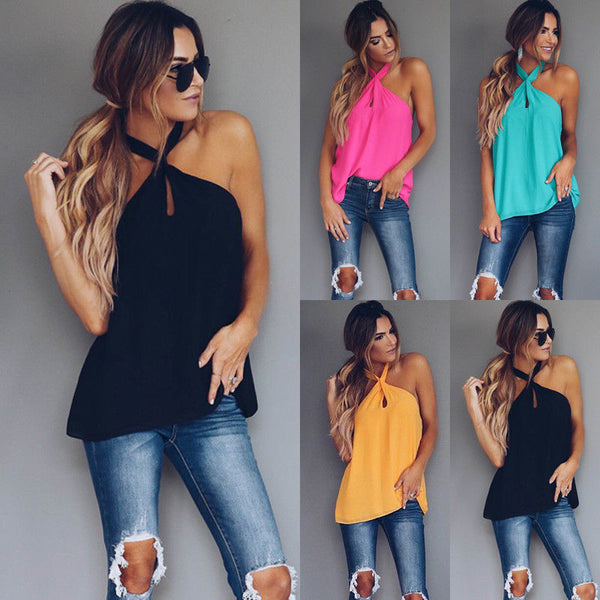 Women Chiffon Vest Sleeveless Blouse Casual Loose Tank Shirt Summer Solid Halter Tank Tops