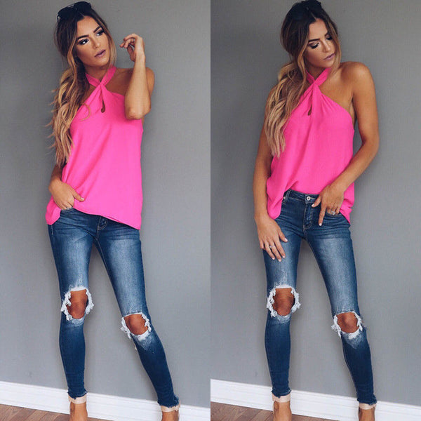 Women Chiffon Vest Sleeveless Blouse Casual Loose Tank Shirt Summer Solid Halter Tank Tops